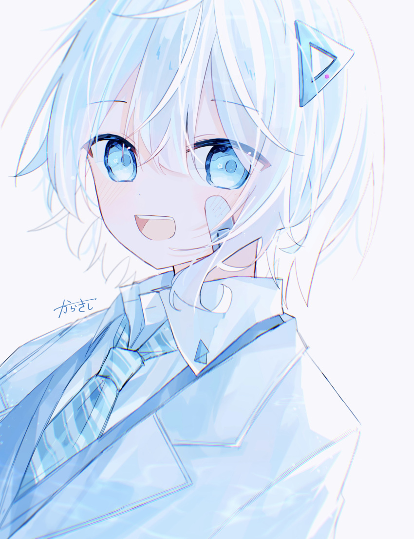 1girl, absurdres, aqua_necktie, bandaid, bandaid_on_cheek, bandaid_on_face, blue_eyes, coat