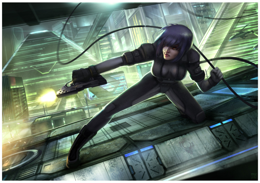 1girl, aircraft, bodysuit, breasts, city, firing, ghost_in_the_shell, grey_bodysuit