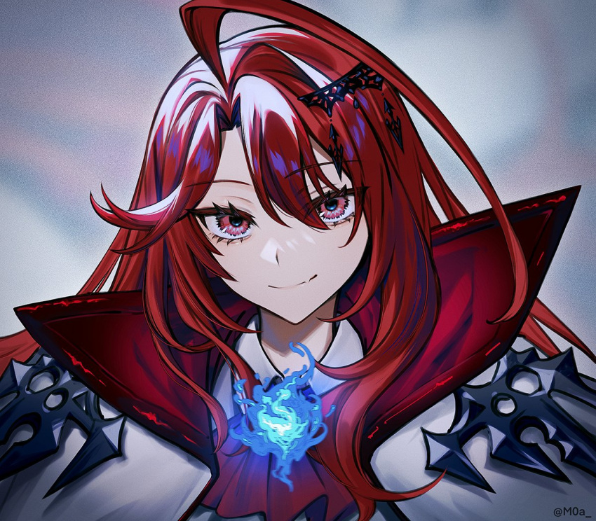 1girl, ahoge, blue_fire, breasts, elizabeth_rose_bloodflame, fire, halloween, halloween_costume