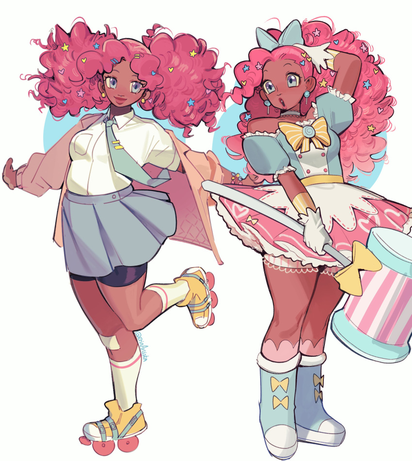 2girls, absurdres, aqua_necktie, bike_shorts_under_skirt, blue_skirt, boots, bow, bowtie