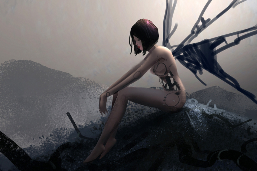 1girl, alita, black_hair, bob_cut, closed_eyes, cyborg, hideyoshi_ruwwe, hill