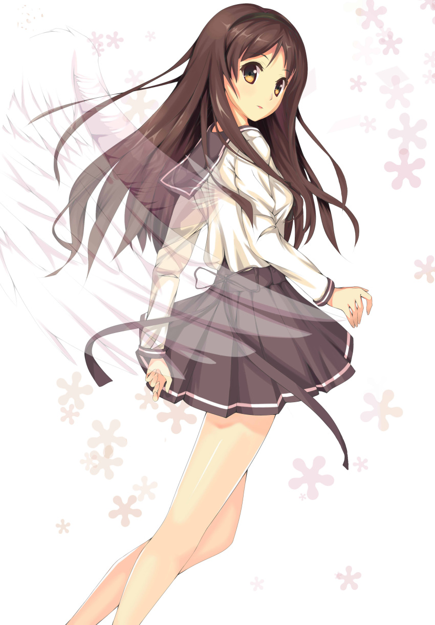 1girl, absurdres, arm_behind_back, bare_legs, black_hairband, breasts, brown_eyes, brown_hair