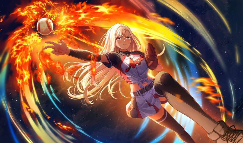 1girl, arm_up, armband, aura, baseball, baseball_(object), baseball_mitt, baseball_stadium