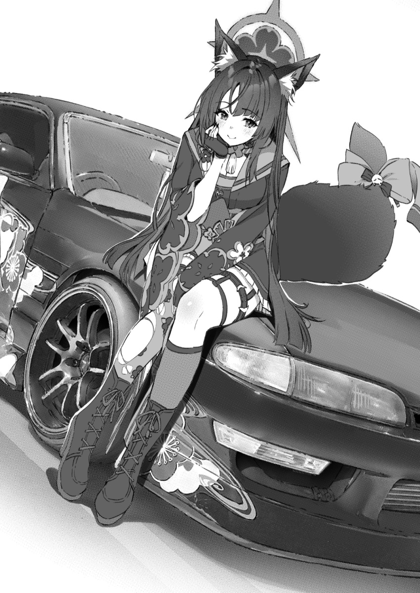 1girl, animal_ear_fluff, animal_ears, between_legs, black_footwear, black_kimono, blue_archive, boots