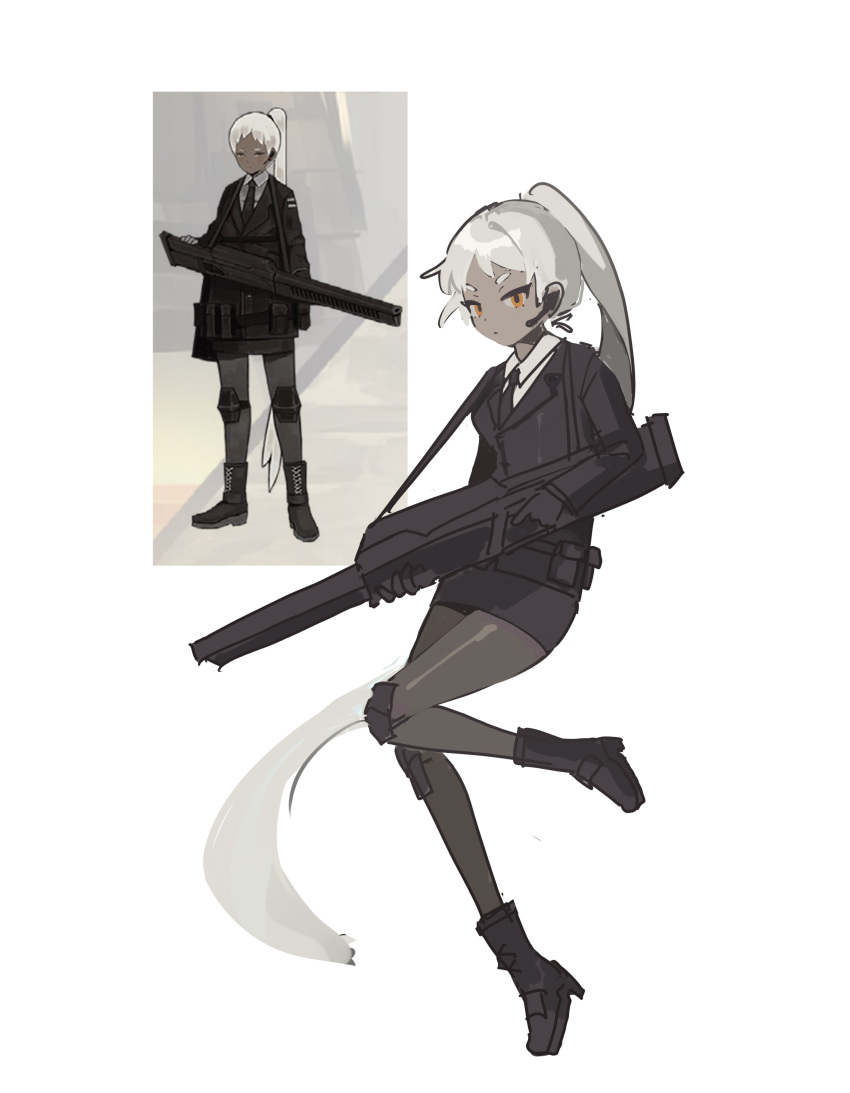 1girl, absurdres, black_footwear, black_gloves, black_jacket, black_necktie, black_skirt, boots
