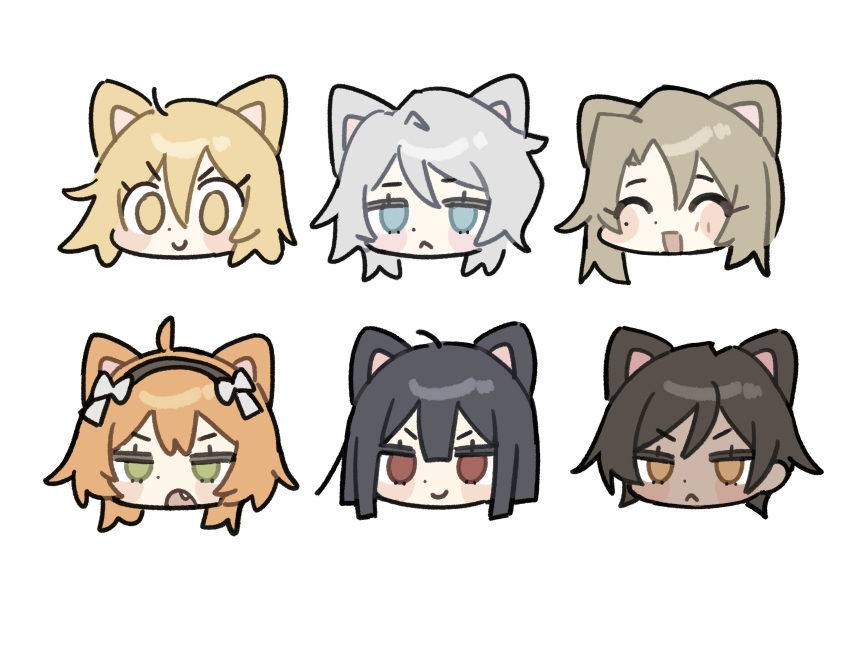 6+girls, absurdres, animal_ears, black_hair, blonde_hair, blue_eyes, blush_stickers, bob_cut