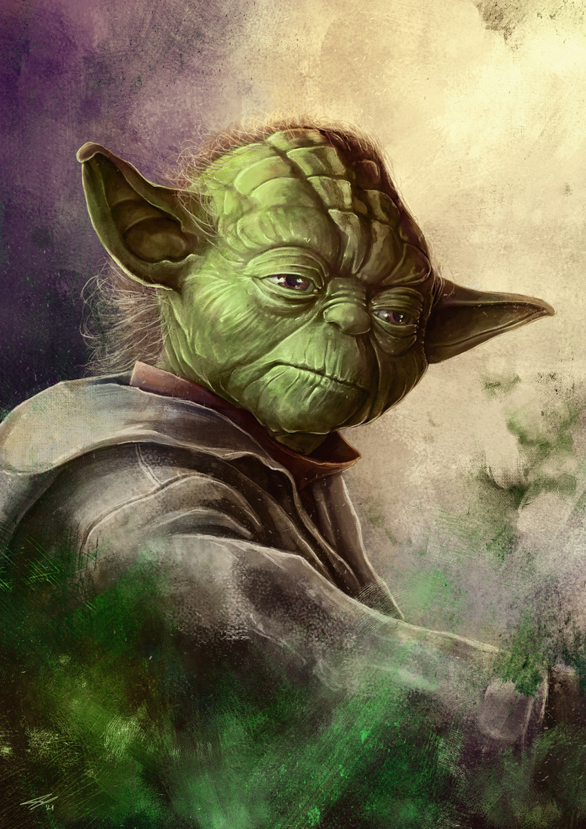 alien, bald, brown_eyes, colored_skin, drenusart, green_skin, highres, jedi, pointy_ears, solo, star_wars, upper_body, yoda