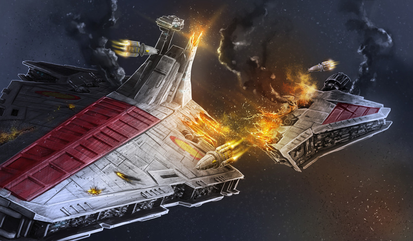 drenusart, explosion, fire, no_humans, smoke, spacecraft, star_wars, vehicle_focus, venator-class_star_destroyer, wreckage