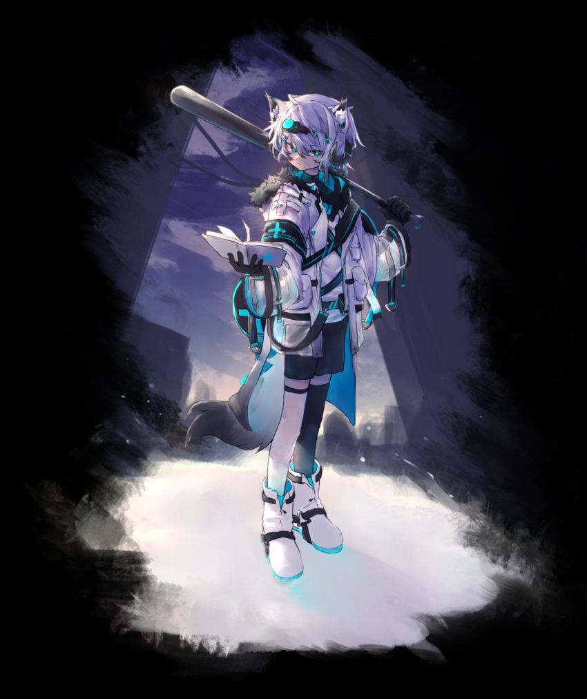 1boy, animal_ears, baseball_bat, black_gloves, black_shorts, black_thighhighs, blue_eyes, book, boots, cat_ears, cat_tail, decaying_winter, full_body, gloves, highres, holding, holding_baseball_bat, holding_book, jacket, looking_at_viewer, niioys, original, roblox, shorts, snow, solo, tail, thigh-highs, white_footwear, white_hair, white_jacket, winter