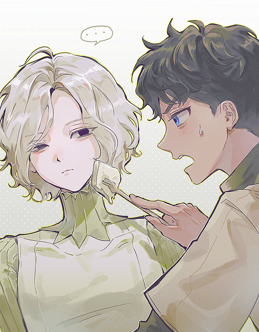 ..., 2boys, bags_under_eyes, black_eyes, black_hair, blue_eyes, blush, curly_hair