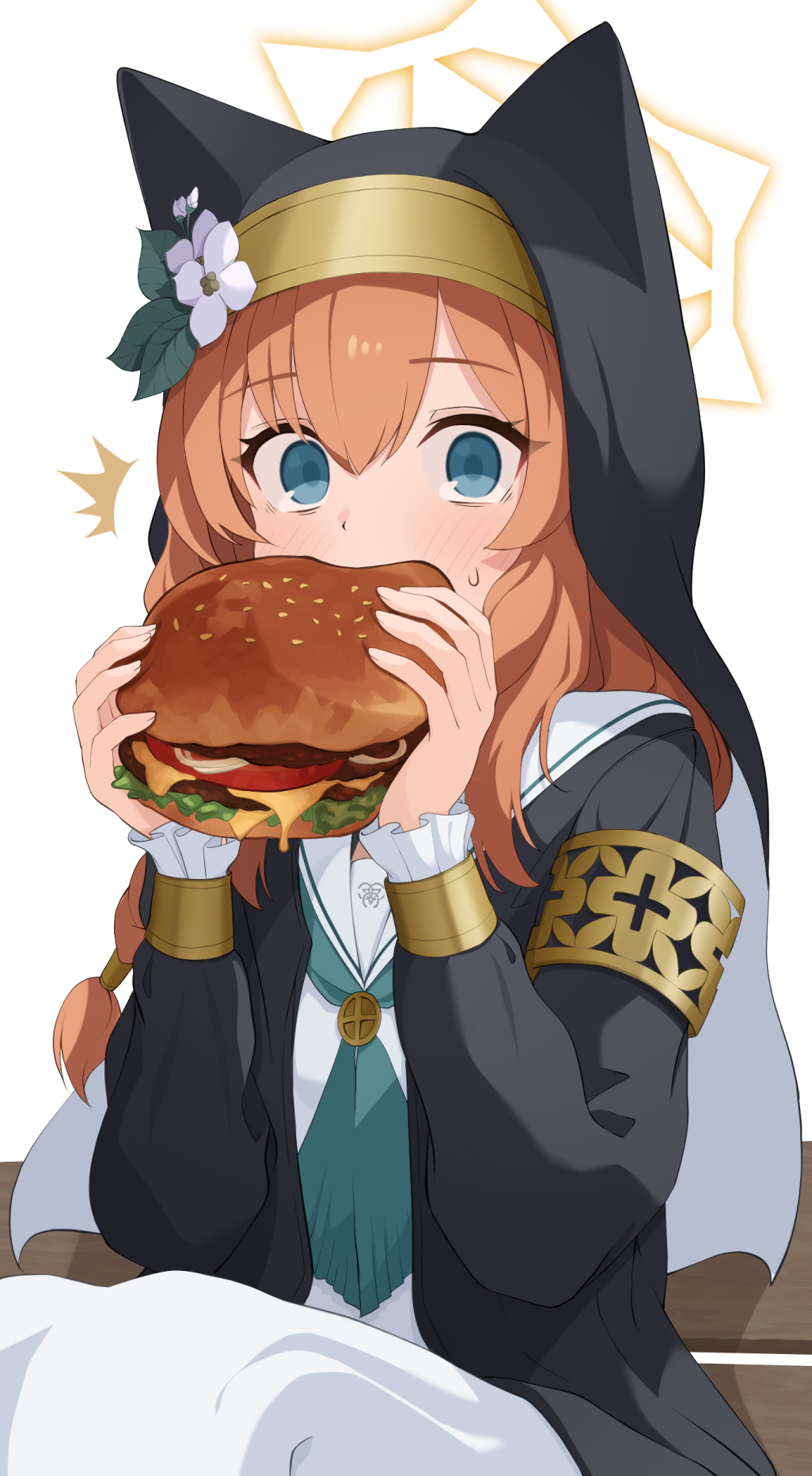 1girl, ^^^, aqua_neckerchief, armlet, black_coat, black_veil, blue_archive, blue_eyes