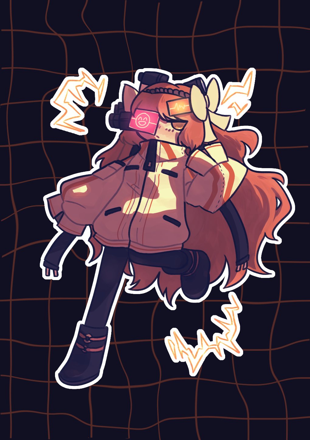 1girl, aituha110, black_footwear, black_pantyhose, boots, bow, brown_hairband, cosplay, dalloc_(project_moon), dalloc_(project_moon)_(cosplay), electricity, full_body, hair_bow, hairband, highres, ishmael_(project_moon), jacket, library_of_ruina, limbus_company, long_hair, long_sleeves, orange_eyes, orange_hair, pantyhose, project_moon, puffy_long_sleeves, puffy_sleeves, rope, sidelocks, solo, very_long_hair, white_bow, white_jacket