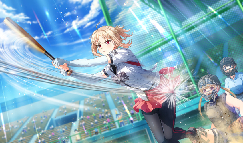 3girls, baseball, baseball_bat, baseball_mitt, baseball_stadium, baseball_uniform, belt, black_belt