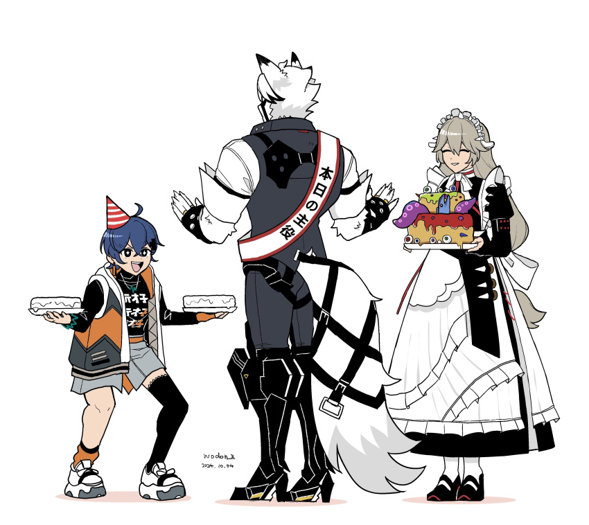 1boy, 2girls, absurdres, alexandrina_sebastiane, animal_ears, apron, arm_belt, artist_name, asymmetrical_legwear, belle_(zenless_zone_zero), belt, birthday_cake, black_footwear, black_shirt, blue_hair, bow, bowtie, cake, closed_eyes, collared_vest, crossed_bangs, dated, double-parted_bangs, eyeball, fingerless_gloves, fish, food, full_body, furry, furry_male, gloves, grey_vest, hair_bow, highres, holding, holding_food, jewelry, long_hair, low-tied_long_hair, maid, maid_apron, maid_headdress, mary_janes, mechanical_legs, multiple_girls, muzzle_(mask), necklace, open_mouth, orange_belt, orange_gloves, orange_socks, partially_fingerless_gloves, shirt, shoes, single_fingerless_glove, single_thighhigh, sleeveless, sleeveless_jacket, smile, socks, standing, tail, tail_belt, tentacles, thigh-highs, vest, von_lycaon, white_background, white_bow, white_footwear, white_fur, wodon_(neotidon), wolf_boy, wolf_ears, wolf_tail, zenless_zone_zero