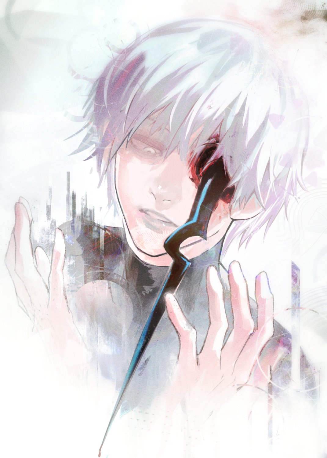 1boy, ammenite, grey_background, grey_hair, hair_between_eyes, hands_up, highres, kaneki_ken, male_focus, parted_lips, portrait, short_hair, solo, teeth, tokyo_ghoul, tokyo_ghoul:re