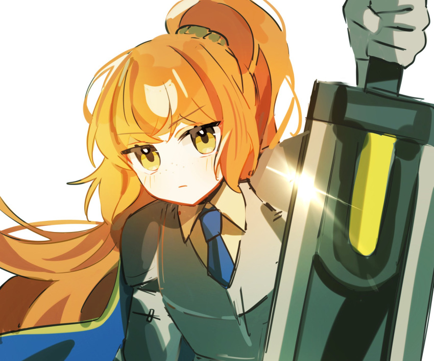10rigar, 1girl, armor, blue_necktie, blush, closed_mouth, collared_shirt, cowboy_shot