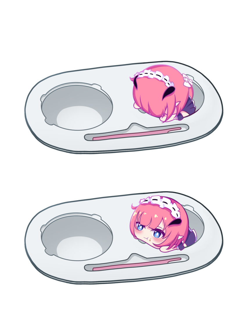 1girl, absurdres, black_dress, blue_eyes, chibi, chibi_only, commentary, dress