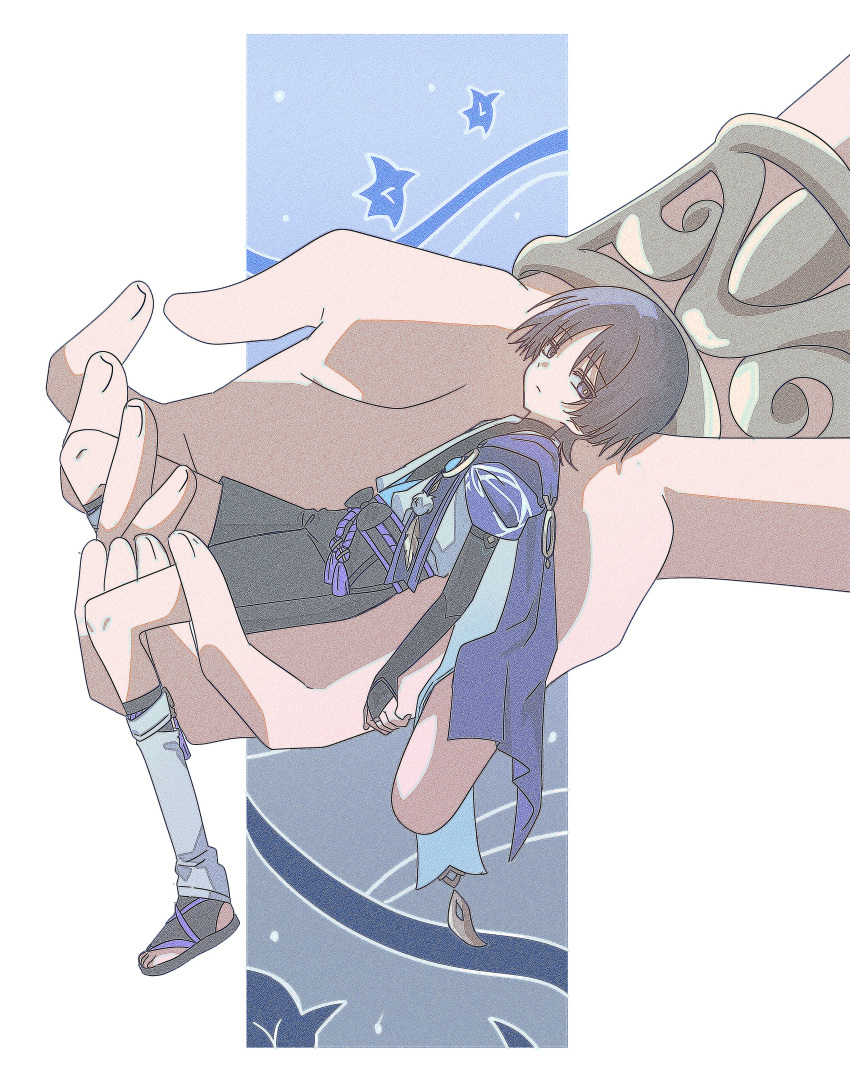 1boy, 1girl, absurdres, animal_print, aqua_kimono, arm_at_side, armor, belt, bird_print, black_belt, black_bodysuit, black_bow, black_eyes, black_hair, black_shorts, black_socks, blue_cape, blunt_ends, bodysuit, bow, bracelet, bridal_gauntlets, cape, closed_mouth, dong_yo0, feathers, genshin_impact, gold, han'eri, highres, japanese_armor, japanese_clothes, jewelry, kimono, kote, kurokote, large_hands, layered_clothes, layered_kimono, leg_warmers, male_focus, mandarin_collar, mini_person, nahida_(genshin_impact), open_clothes, open_hands, open_kimono, out_of_frame, own_hands_together, parted_bangs, person_on_hand, pom_pom_(clothes), purple_rope, purple_sash, rope, sandals, sash, scaramouche_(genshin_impact), shorts, size_difference, socks, tassel, toes, vision_(genshin_impact), wanderer_(genshin_impact), white_kimono, white_leg_warmers, white_trim, wristlet, yellow_feathers, zouri