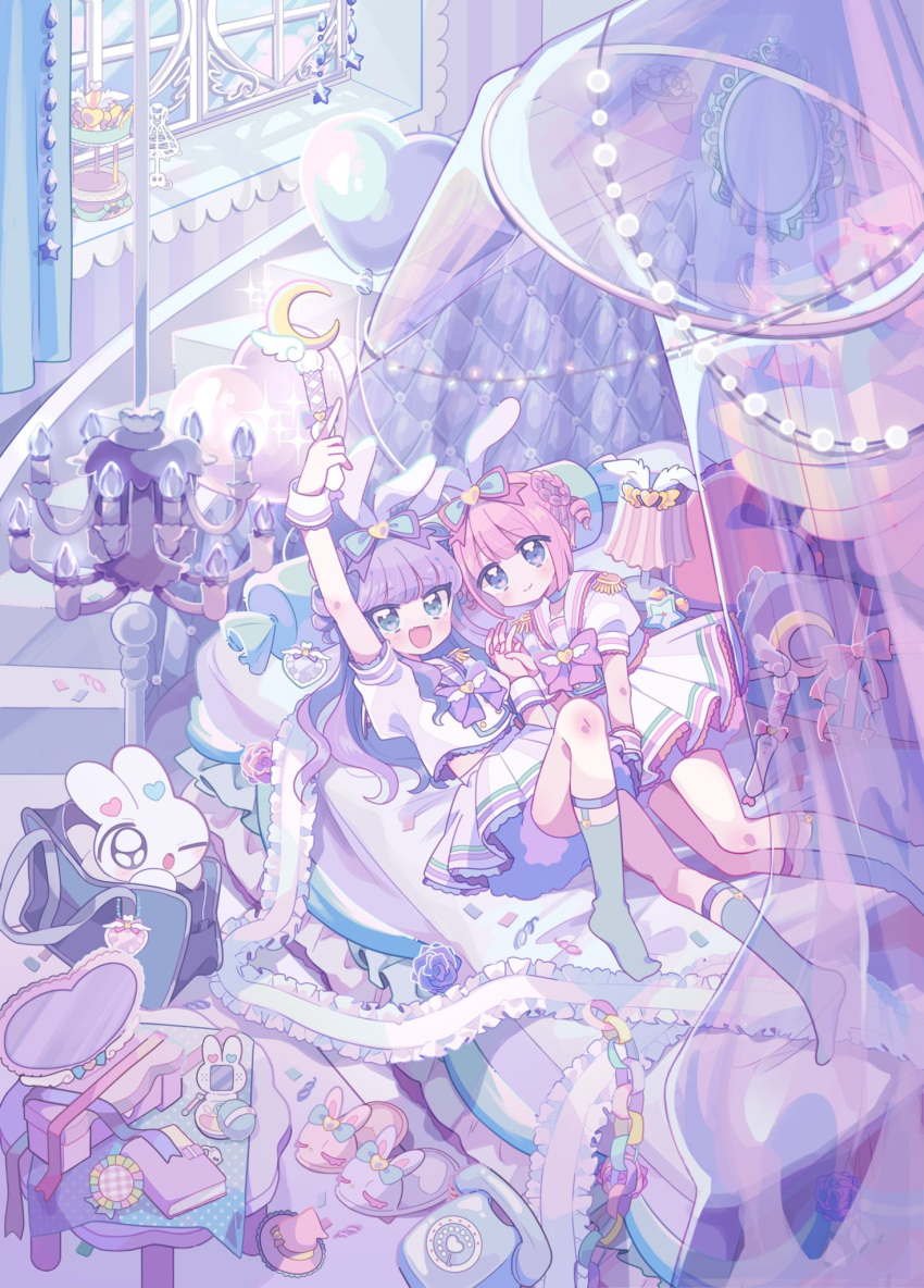 2girls, :3, aeruusa, animal_ears, animal_slippers, antique_phone, arm_up, bad_leg
