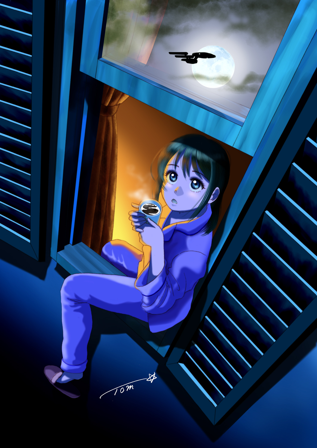 1girl, black_hair, blue_eyes, chutohampa, clouds, coffee, coffee_mug, cup, curtains, full_moon, highres, looking_up, moon, mug, night, on_windowsill, open_mouth, original, pajamas, purple_pajamas, reflection, signature, slippers, solo, star_trek, steam, uss_enterprise_(star_trek), window, window_shutter, windowsill