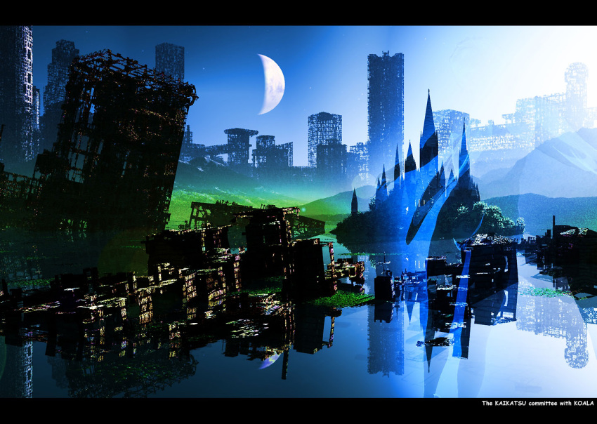 city, crescent_moon, evening, kaikatsu, koala_(kaikatsu), letterboxed, moon, original, refelction, reflection, scenery, sky, water