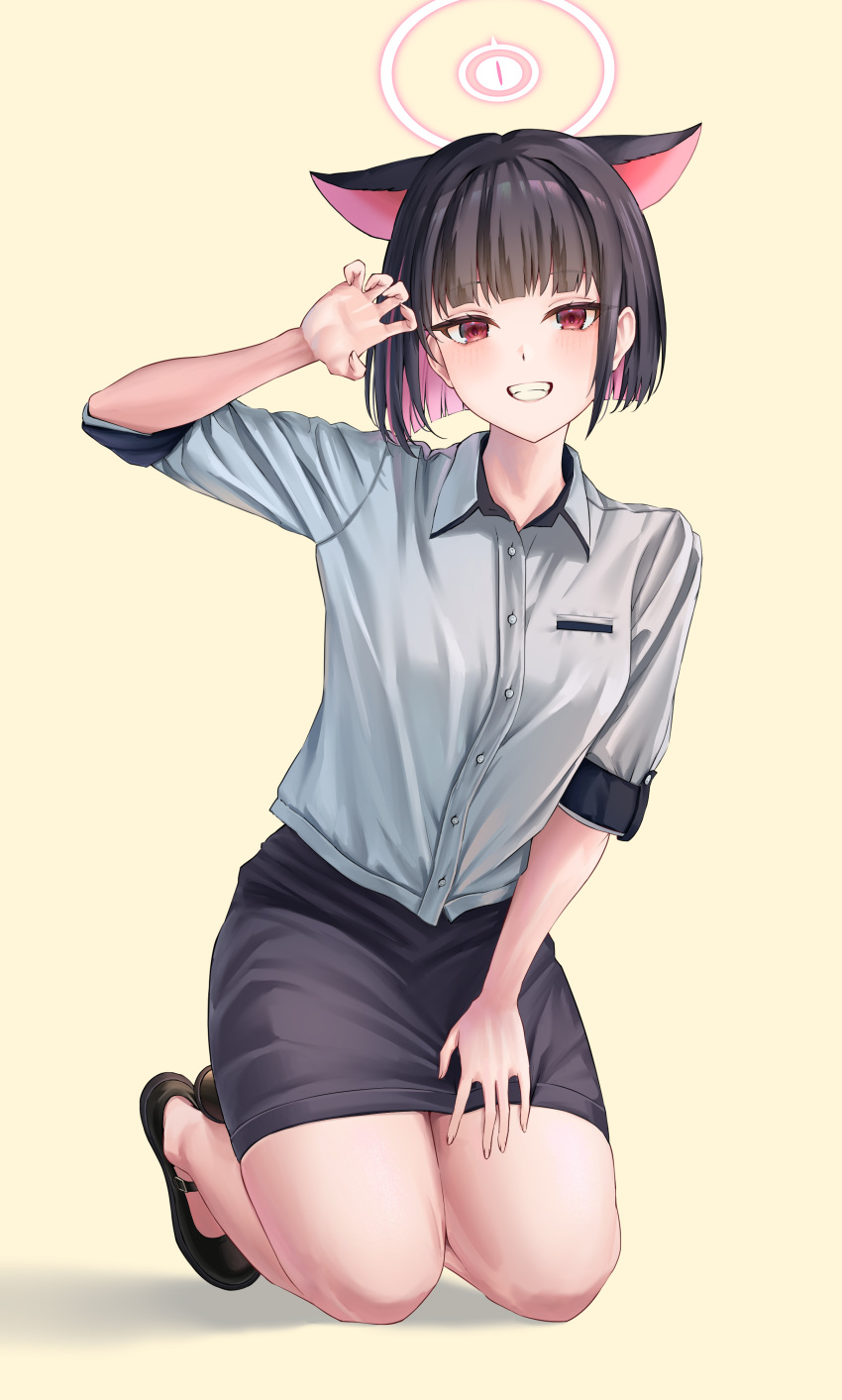 1girl, absurdres, alternate_costume, animal_ears, black_footwear, black_hair, black_skirt, blue_archive, cat_ears, cat_girl, claw_pose, collared_shirt, colored_inner_hair, commentary, english_commentary, extra_ears, full_body, grey_shirt, grin, halo, hand_up, highres, kazusa_(blue_archive), kneeling, looking_at_viewer, mack_(13mcqn), multicolored_hair, pencil_skirt, pink_halo, red_eyes, school_uniform, shirt, short_hair, simple_background, skirt, smile, solo, yellow_background