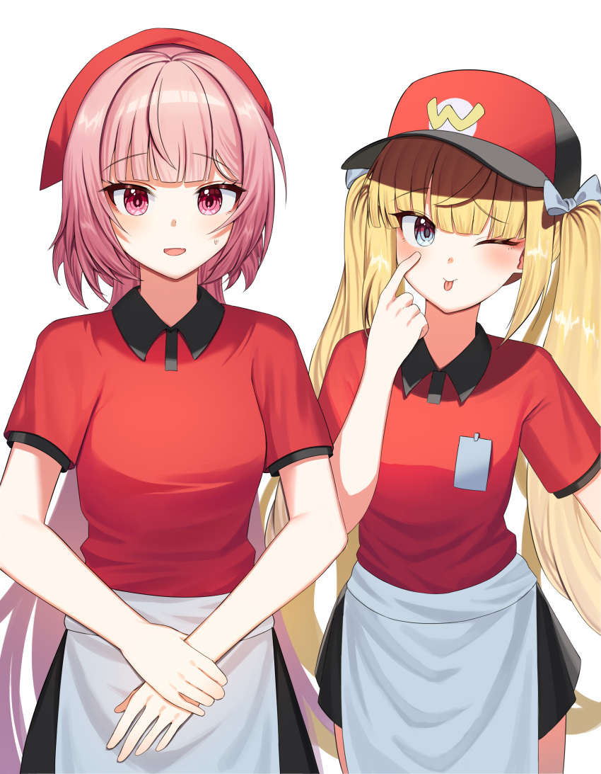 2girls, ;p, absurdres, akanbe, alternate_costume, apron, bare_arms, black_skirt