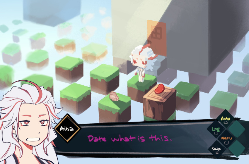 1girl, ai_the_somnium_files, aiba_(ai_the_somnium_files), block_(minecraft), bright_pupils, commentary, dialogue_box, english_commentary, english_text, eyeliner, grass_block, highres, long_hair, makeup, minecraft, minecraft_(style), minecraft_youtube, multicolored_hair, parkour_civilization, red_eyeliner, red_eyes, redhead, sevenreii, streaked_hair, two-tone_hair, unamused, user_interface, white_hair, white_pupils