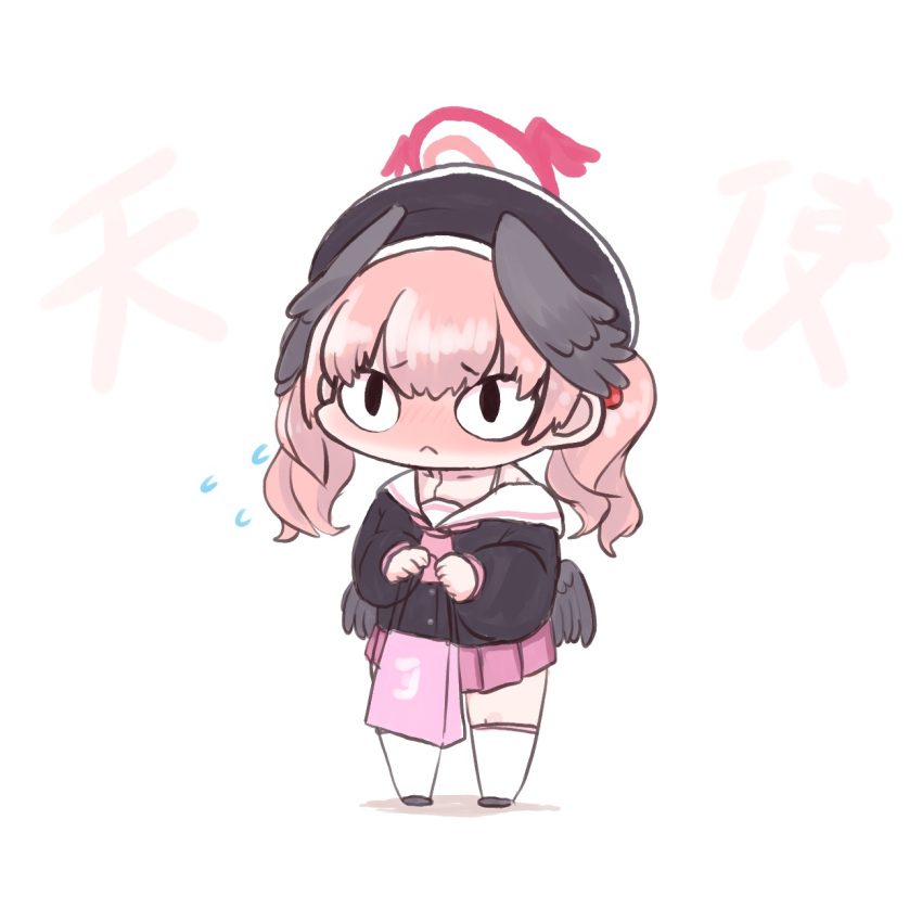 1girl, :<, bag, beret, black_hat, black_wings, blue_archive, commentary_request
