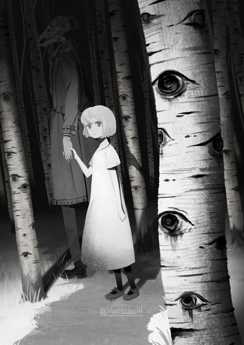1girl, 1other, :/, animal_head, animal_skull, birch_tree, child, coat, commentary_request, disembodied_eye, dot_nose, dress, expressionless, expressions, forest, from_side, full_body, grass, greyscale, height_difference, highres, holding_hands, horns, horror_(theme), long_sleeves, looking_at_viewer, matsuba10, medium_hair, monochrome, nature, original, scenery, sheep_horns, shoes, short_sleeves, skull_head, trench_coat, twitter_username