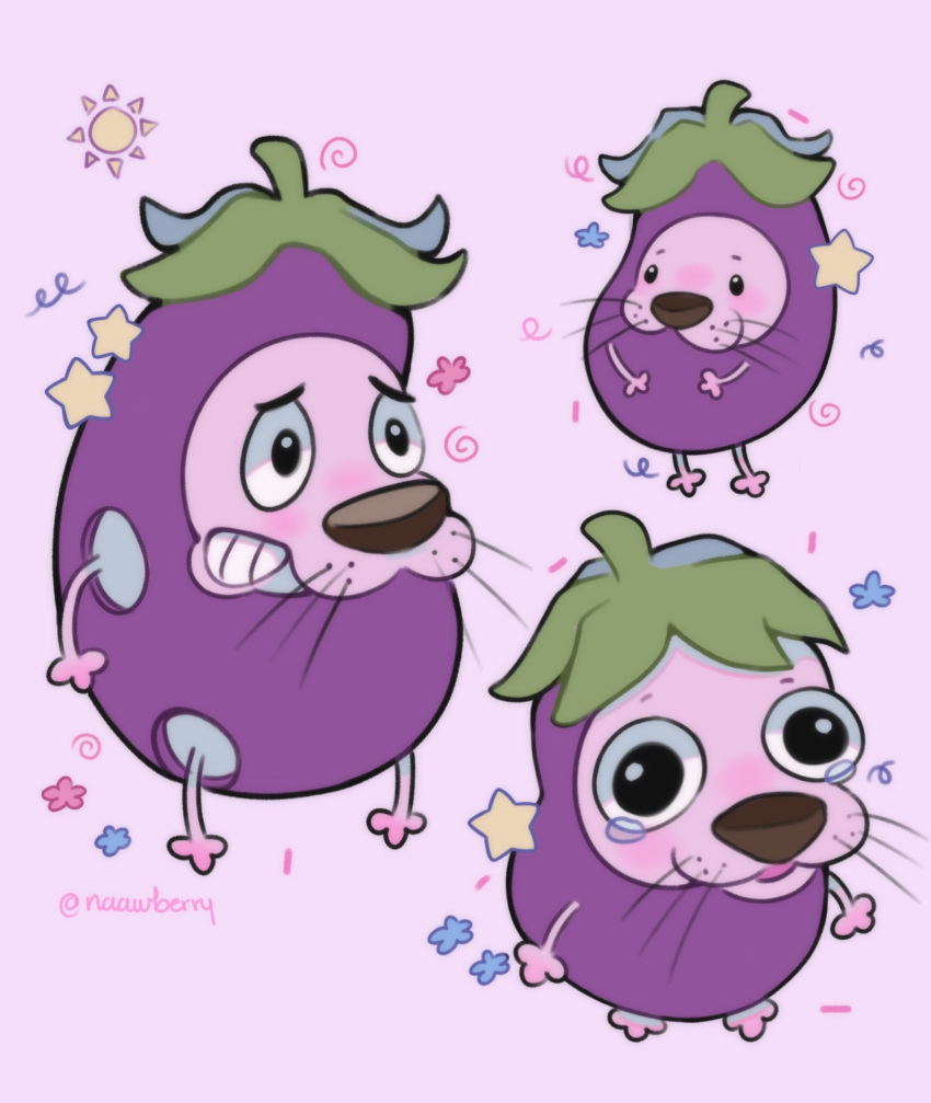 animal, animal_focus, body_fur, chibi, clenched_teeth, courage_(character), courage_the_cowardly_dog, crying, crying_with_eyes_open, dog, eggplant_costume, english_commentary, highres, multiple_views, naawberry, no_humans, pink_background, pink_fur, snout, star_(symbol), sun, tears, teeth, twitter_username, whiskers
