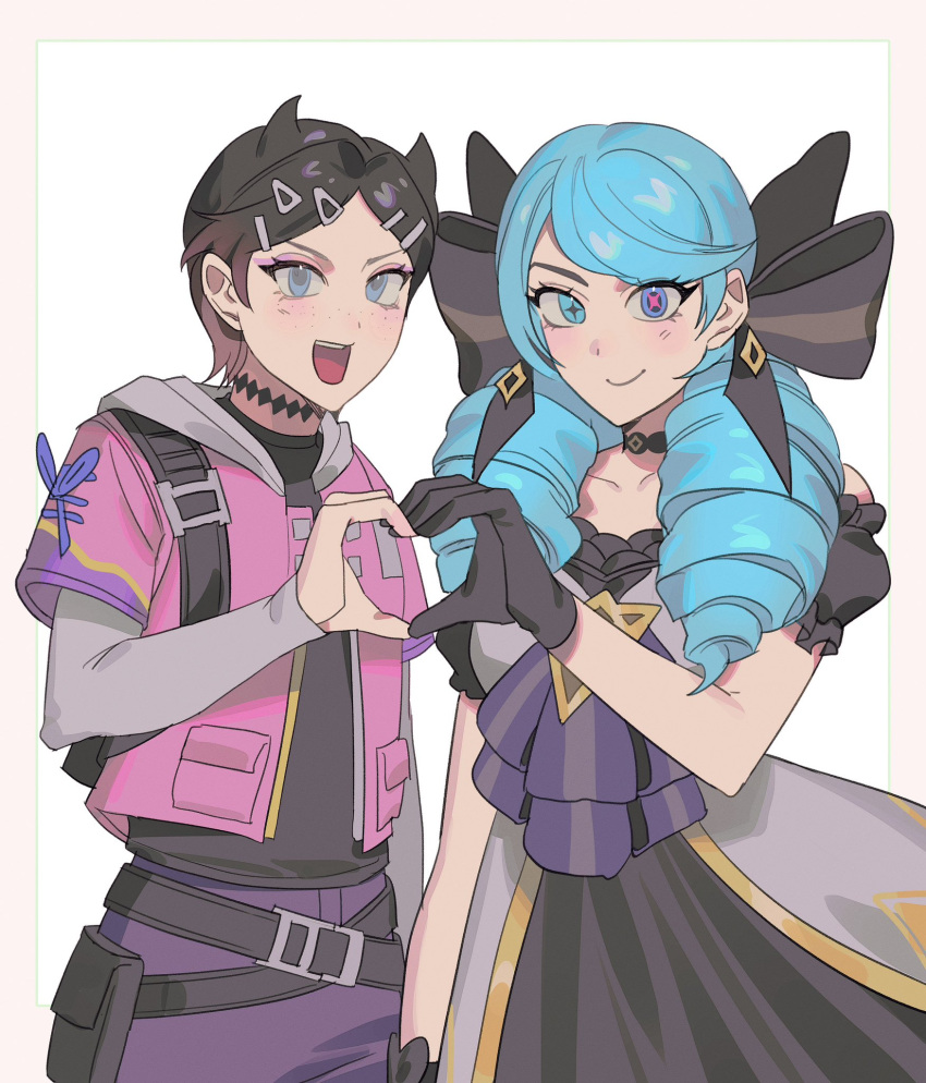 2girls, :d, belt, black_belt, black_bow, black_choker, black_dress, black_gloves, black_shirt, blush, bow, brown_background, character_request, choker, closed_mouth, collarbone, copyright_request, dress, drill_hair, gloves, green_eyes, green_hair, grey_dress, grey_eyes, gwen_(league_of_legends), hair_bow, hair_horns, heart, heart_hands, heterochromia, highres, jacket, kogkog, league_of_legends, long_sleeves, multiple_girls, open_clothes, open_jacket, pink_jacket, puffy_short_sleeves, puffy_sleeves, shirt, short_sleeves, smile, twin_drills, twintails, white_background