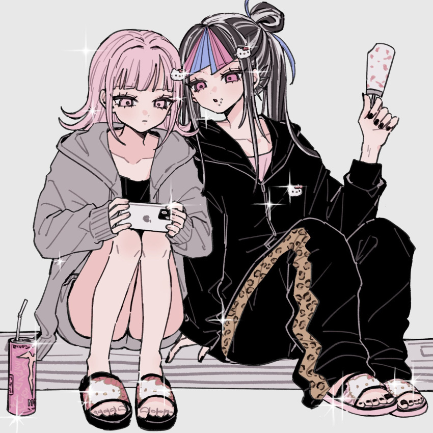 2girls, :o, black_hair, black_jacket, black_nails, black_pants, blue_hair, can