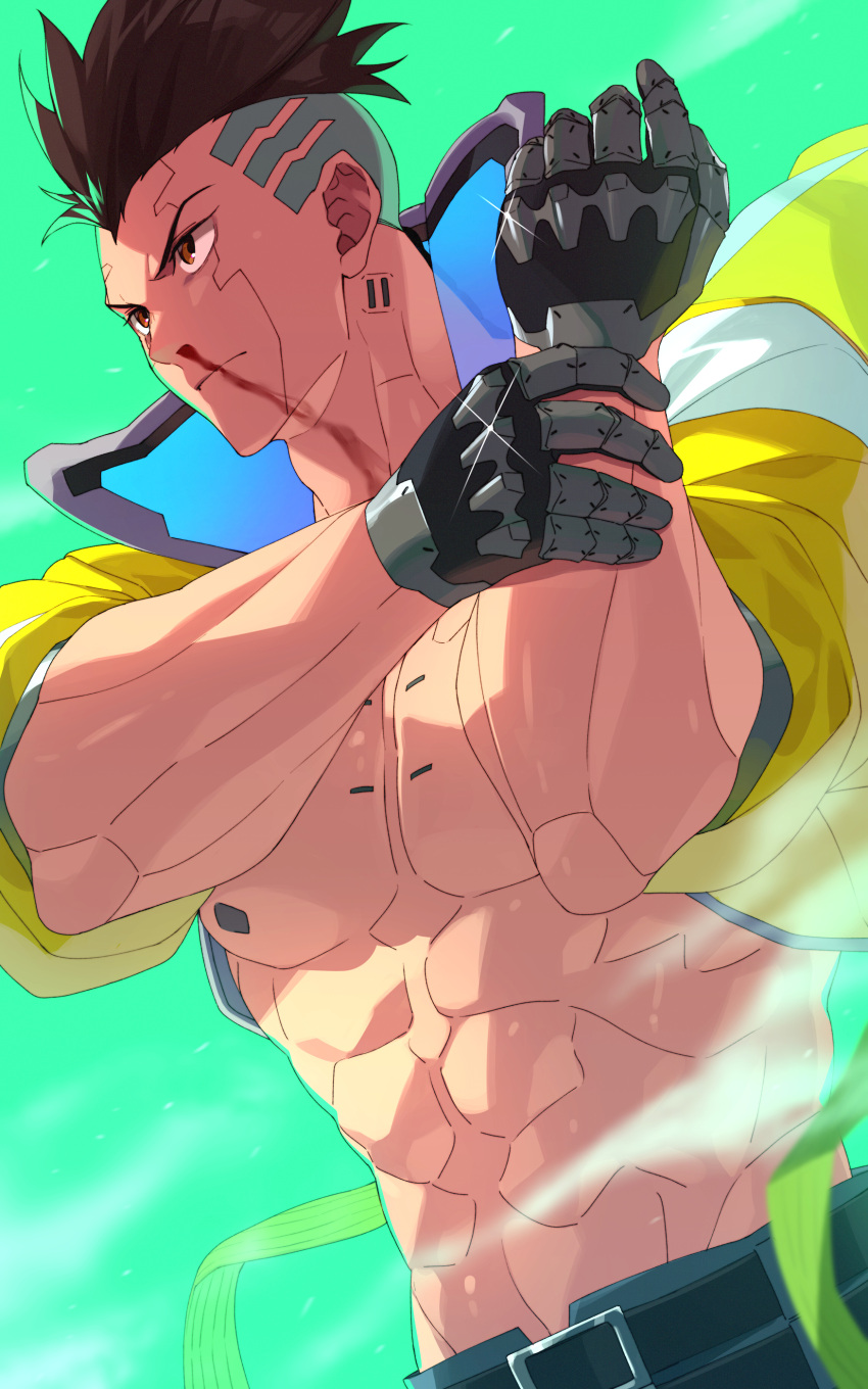 1boy, abs, absurdres, bare_pectorals, belt, blood, brown_eyes, brown_hair