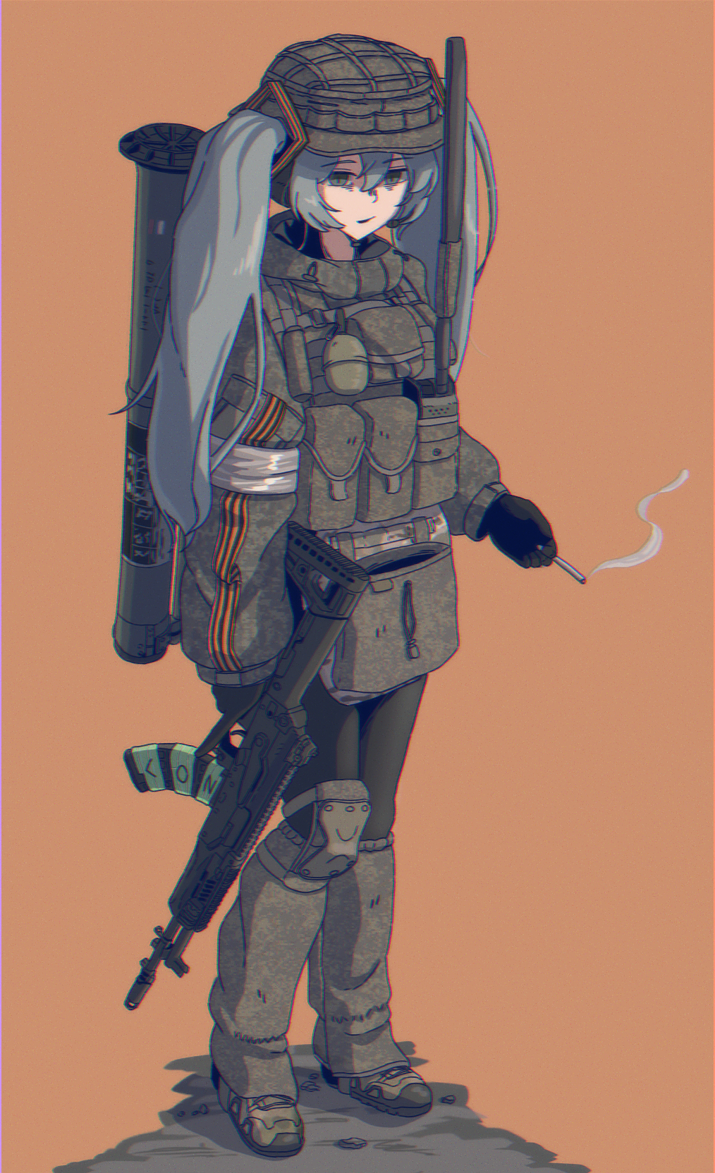 1girl, ak-200, b1-517, bags_under_eyes, blue_hair, cigarette, hatsune_miku, highres, kalashnikov_rifle, load_bearing_vest, orange_background, rgd-5, rocket_launcher, rpg_(weapon), simple_background, smoke, solo, standing, twintails, vocaloid, weapon