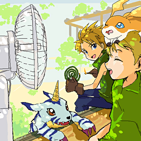 2boys, blonde_hair, blue_eyes, brothers, closed_eyes, digimon, digimon_adventure, gabumon