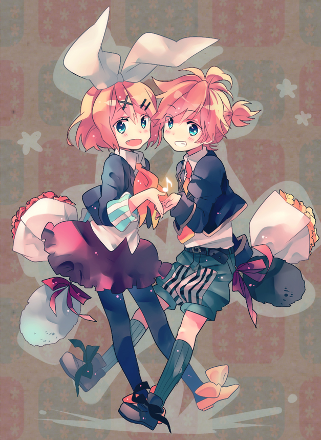 blonde_hair, blue_eyes, blush, bouquet, brother_and_sister, fang, flower, footwear