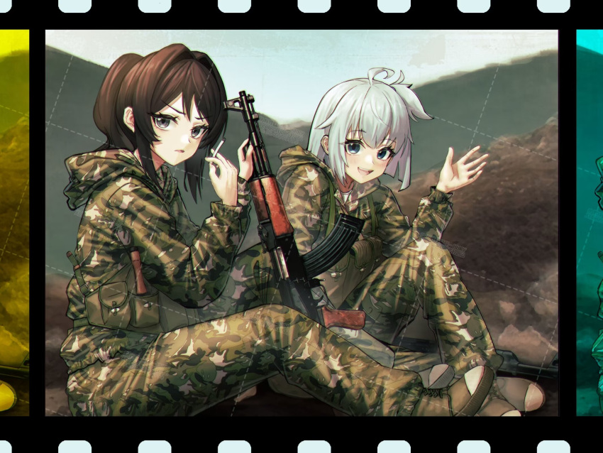 2girls, ammunition_pouch, assault_rifle, blue_hair, brown_hair, camouflage, cigarette, film_reel, gun, highres, huihuang_rongyao, kalashnikov_rifle, looking_at_viewer, military_uniform, multiple_girls, original, people's_liberation_army, pouch, rifle, sino-vietnamese_war, type_56_assault_rifle, waving, weapon