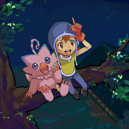 1girl, 1other, bird, child, commentary_request, denim, digimon, digimon_(creature)