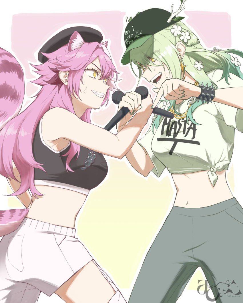 2girls, absurdres, animal_ears, artist_logo, baseball_cap, bracelet, ceres_fauna, earrings