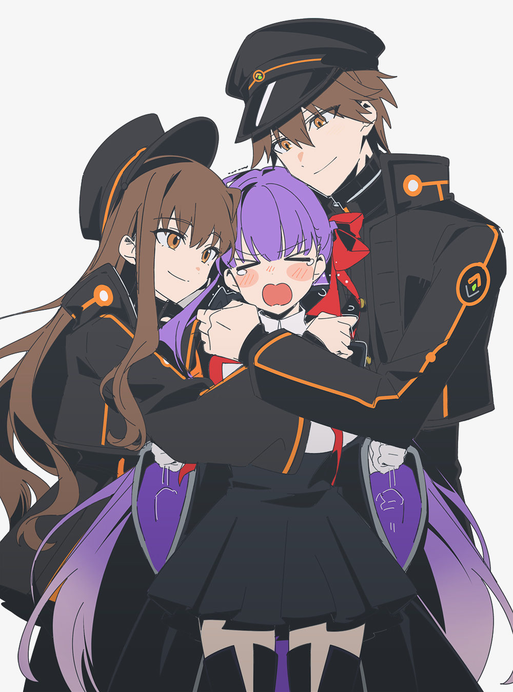 >_<, 1boy, 2girls, agata720, bb_(fate), bb_(fate/extra), black_dress, black_thighhighs