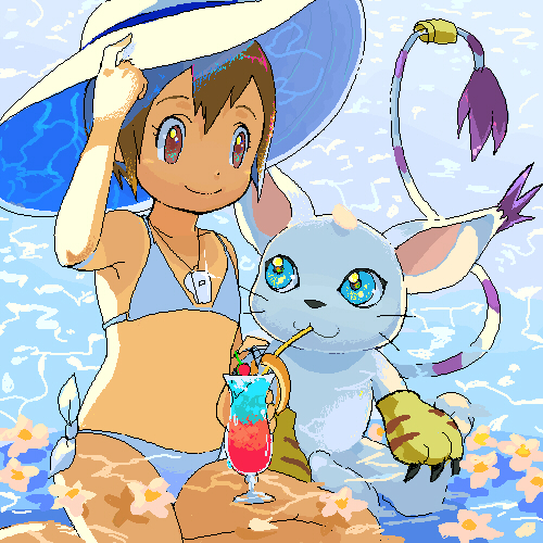 bikini, blue_eyes, brown_hair, cat, child, commentary_request, digimon, digimon_(creature)