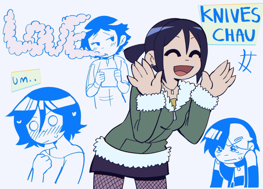 1girl, :d, black_hair, blue_pepe, blush, character_name, closed_eyes, earrings