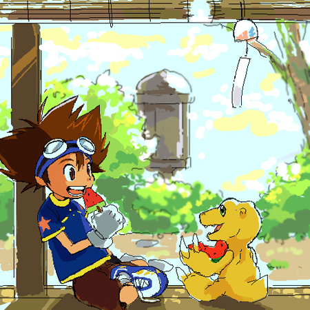 1boy, 1other, agumon, brown_hair, brown_shorts, child, commentary_request, digimon