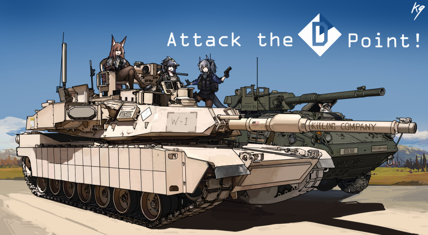 4girls, almond_(arknights), arknights, attack_the_d_point_(meme), blue_sky, brown_hair, cannon, crossed_legs