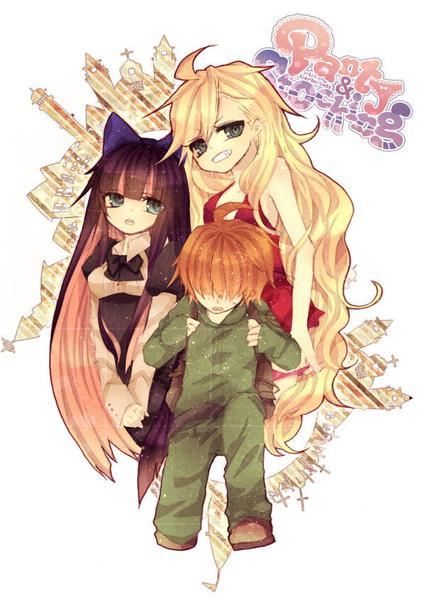 2girls, ahoge, backpack, bad_id, bag, bare_shoulders, black_hair, blonde_hair, brief_(character), brief_(psg), brown_hair, city, freckles, gao2, green_eyes, grin, hair_over_eyes, hiy_(biriko), long_hair, multicolored_hair, multiple_girls, open_mouth, panty_&amp;_stocking_with_garterbelt, panty_(character), panty_(psg), pink_hair, short_hair, smile, stocking_(character), stocking_(psg), title_drop