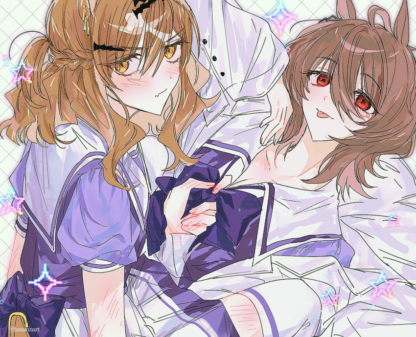 2girls, agnes_tachyon_(umamusume), ahoge, blush, body_blush, bow, bowtie, brown_hair