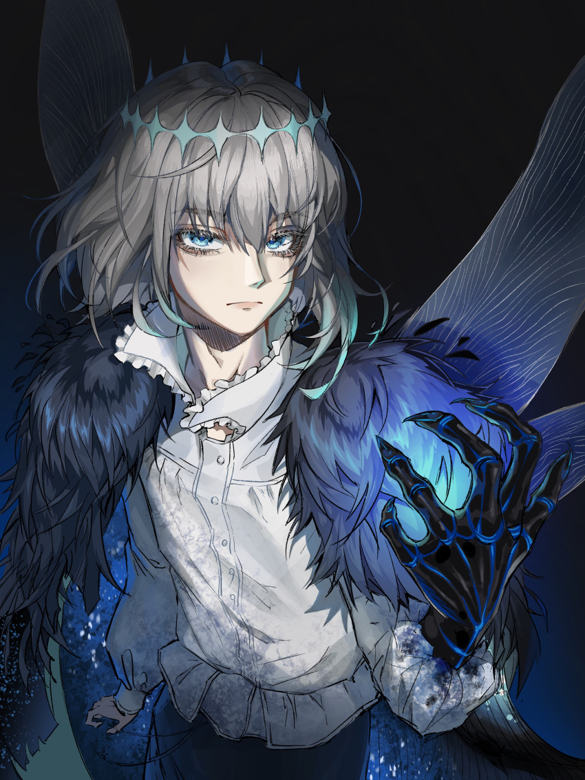 1boy, absurdres, black_background, blue_eyes, closed_mouth, commentary, dragonfly_wings, fate/grand_order, fate_(series), fur_trim, grey_hair, halo, hand_up, highres, long_sleeves, looking_at_viewer, luciel_(lucielellis), male_focus, medium_hair, oberon_(fate), shirt, solo, upper_body, white_shirt