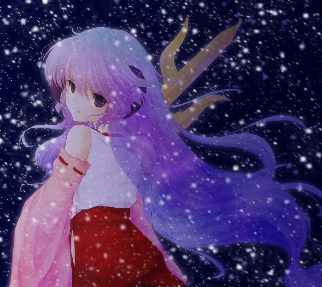 hanyuu, higurashi_no_naku_koro_ni, horns, japanese_clothes, long_hair, looking_back, miko, purple_eyes