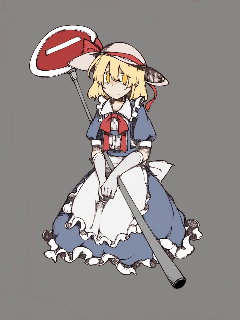 1girl, apron, back_bow, blonde_hair, blue_dress, bolos, bow, bowtie